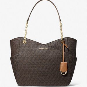 Michael Kors Jet Set Travel Logo Brown Large Shoulder Tote Gold Chain NWT